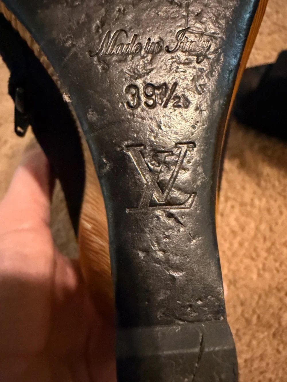 Louis Vuitton Black Suede Peep-Toe Wedge Ankle Boots with Gold Wedge - Picture 7 of 7